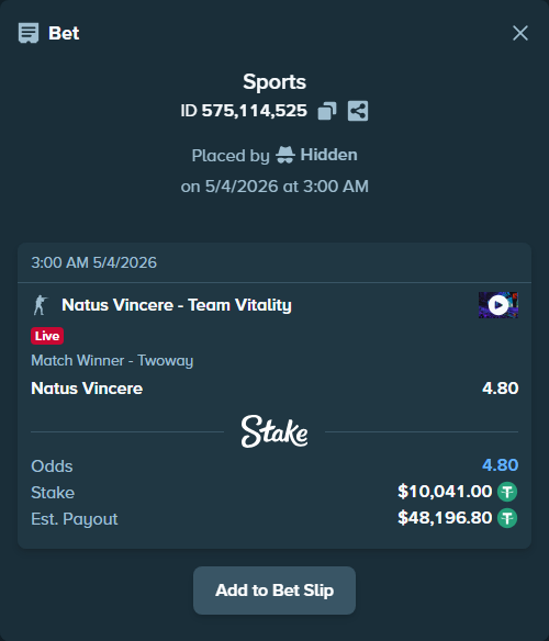 Bet slip: Natus Vincere - Team Vitality, $10,041.00 stake at 4.80 odds, placed by Hidden