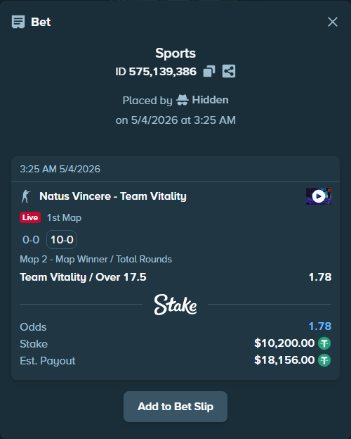Bet slip: Natus Vincere - Team Vitality, $10,200.00 stake at 1.78 odds, placed by Hidden