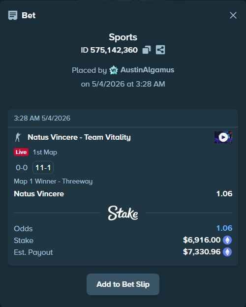 Bet slip: Natus Vincere - Team Vitality, $10,372.27 stake at 1.06 odds, placed by AustinAlgamus