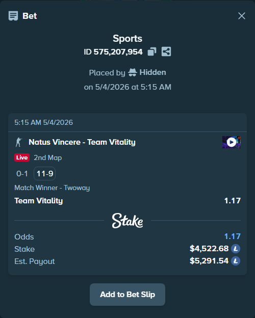 Bet slip: Natus Vincere - Team Vitality, $10,612.48 stake at 1.17 odds, placed by Hidden