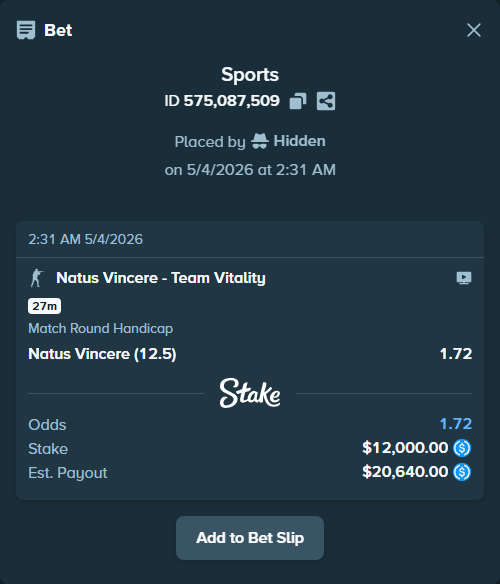 Bet slip: Natus Vincere - Team Vitality, $12,000.00 stake at 1.72 odds, placed by Hidden