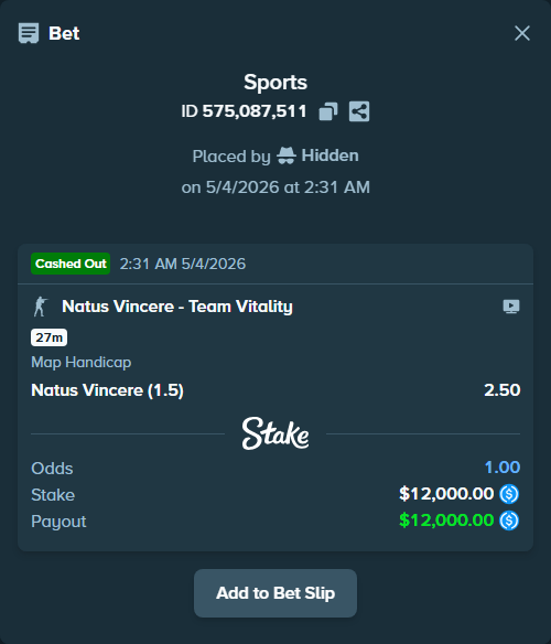 Bet slip: Natus Vincere - Team Vitality, $12,000.00 stake at 2.50 odds, placed by Hidden