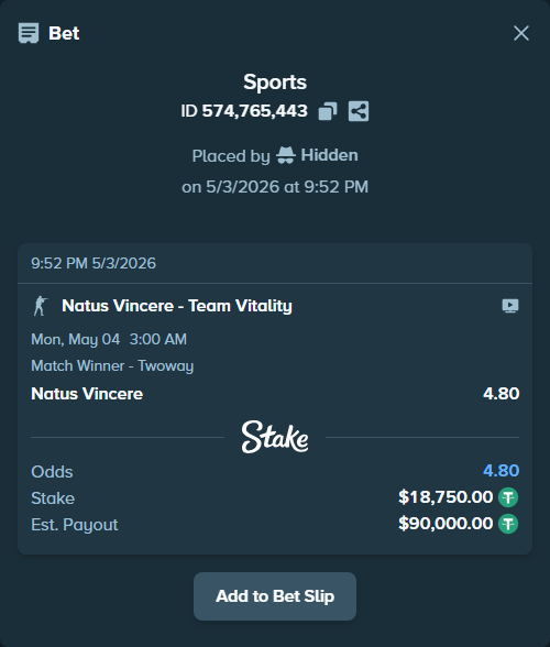 Bet slip: Natus Vincere - Team Vitality, $18,750.00 stake at 4.80 odds, placed by Hidden