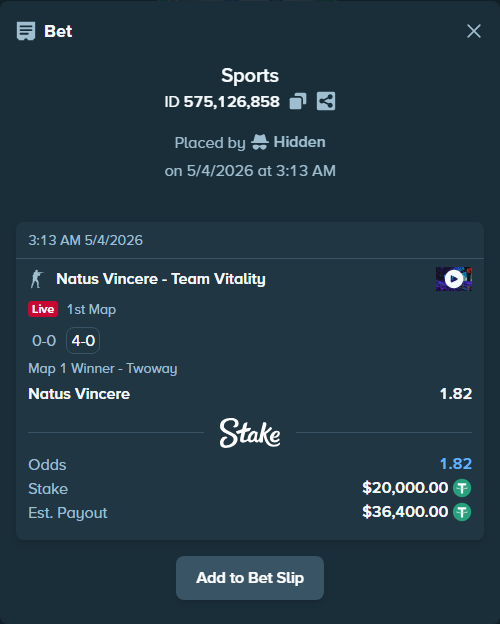 Bet slip: Natus Vincere - Team Vitality, $20,000.00 stake at 1.82 odds, placed by Hidden