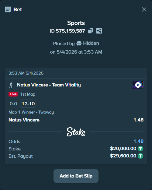 Bet slip: Natus Vincere - Team Vitality, $20,000.00 stake at 1.48 odds, placed by Hidden