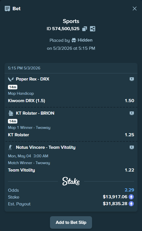 Bet slip: Natus Vincere - Team Vitality, $21,062.08 stake at 1.22 odds, placed by Hidden