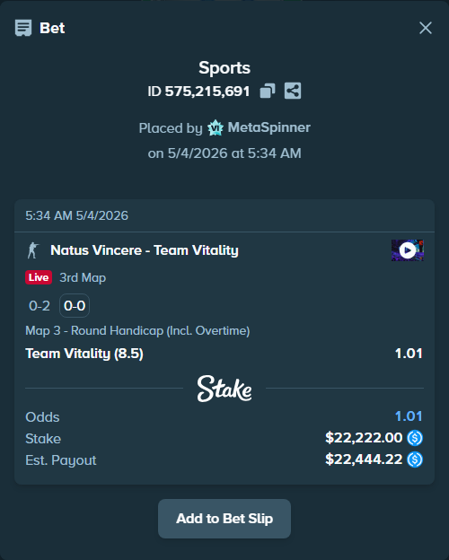 Bet slip: Natus Vincere - Team Vitality, $22,222.00 stake at 1.01 odds, placed by MetaSpinner