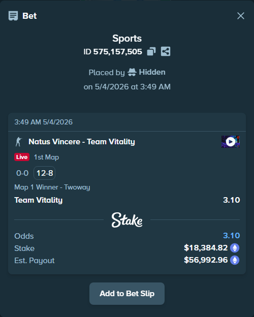 Bet slip: Natus Vincere - Team Vitality, $27,624.12 stake at 3.10 odds, placed by Hidden