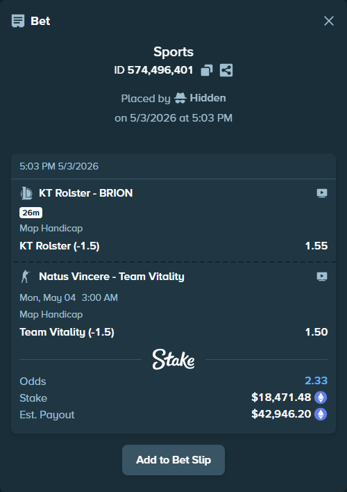 Bet slip: Natus Vincere - Team Vitality, $28,000.00 stake at 1.50 odds, placed by Hidden