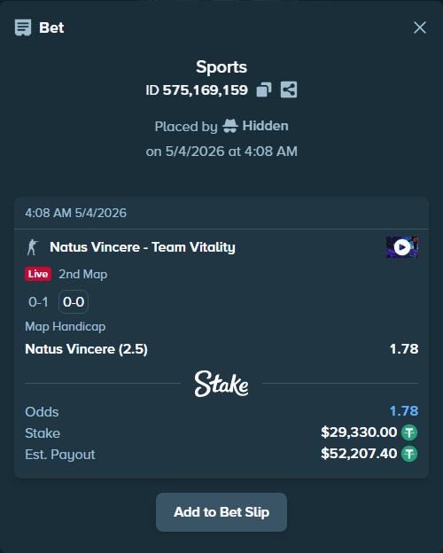 Bet slip: Natus Vincere - Team Vitality, $29,330.00 stake at 1.78 odds, placed by Hidden