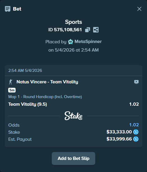 Bet slip: Natus Vincere - Team Vitality, $33,333.00 stake at 1.02 odds, placed by MetaSpinner