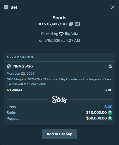 Bet slip: NBA 25/26, $10,000.00 stake at 6.00 odds, placed by Bigfoltz