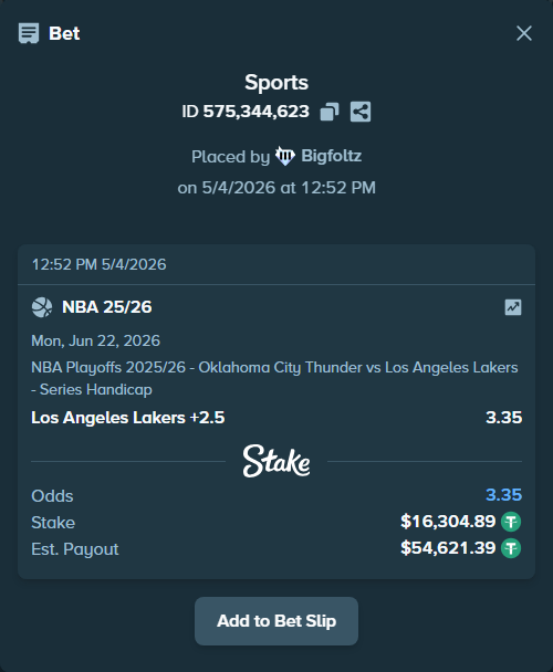 Bet slip: NBA 25/26, $16,304.89 stake at 3.35 odds, placed by Bigfoltz