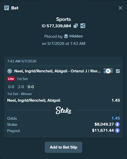 Bet slip: Neel, Ingrid/Rencheli, Abigail - Ortenzi J / Riera J, $11,964.83 stake at 1.45 odds, placed by Hidden