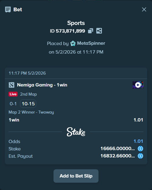 Bet slip: Nemiga Gaming - 1win, $16,666.00 stake at 1.01 odds, placed by MetaSpinner