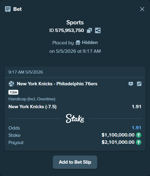 Bet slip: New York Knicks - Philadelphia 76ers, $1,100,000.00 stake at 1.91 odds, placed by Hidden