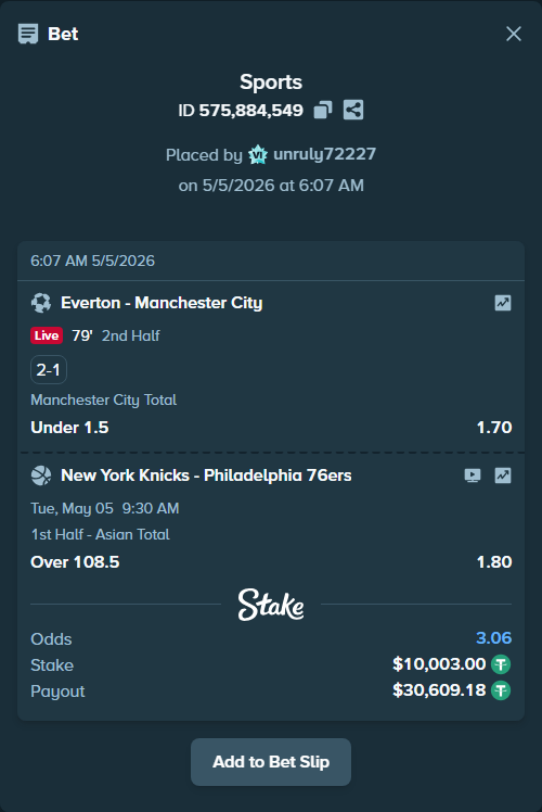 Bet slip: New York Knicks - Philadelphia 76ers, $10,003.00 stake at 1.80 odds, placed by unruly72227