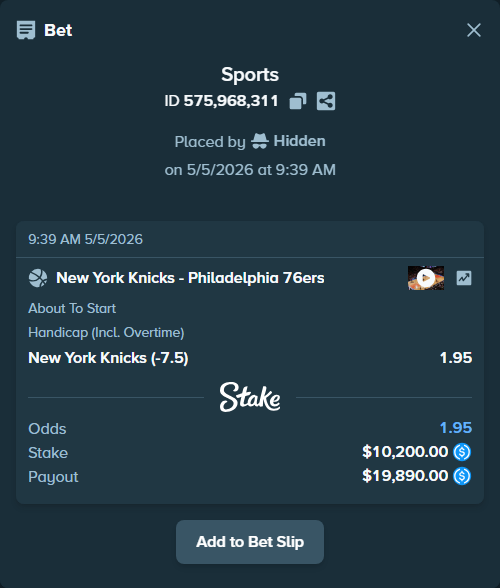 Bet slip: New York Knicks - Philadelphia 76ers, $10,200.00 stake at 1.95 odds, placed by Hidden