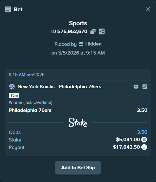 Bet slip: New York Knicks - Philadelphia 76ers, $11,987.50 stake at 3.50 odds, placed by Hidden