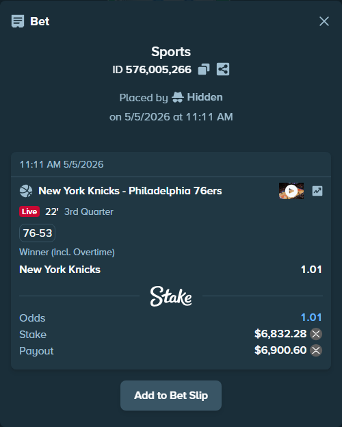 Bet slip: New York Knicks - Philadelphia 76ers, $12,240.02 stake at 1.01 odds, placed by Hidden