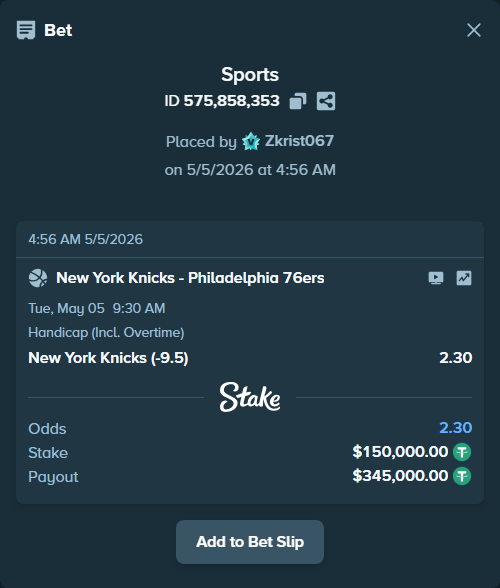 Bet slip: New York Knicks - Philadelphia 76ers, $150,000.00 stake at 2.30 odds, placed by Zkrist067