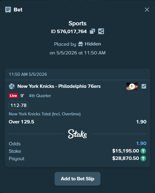 Bet slip: New York Knicks - Philadelphia 76ers, $15,195.00 stake at 1.90 odds, placed by Hidden