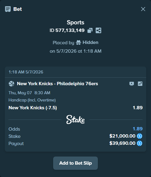 Bet slip: New York Knicks - Philadelphia 76ers, $21,000.00 stake at 1.89 odds, placed by Hidden