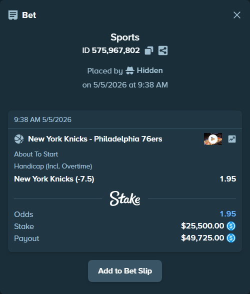 Bet slip: New York Knicks - Philadelphia 76ers, $25,500.00 stake at 1.95 odds, placed by Hidden
