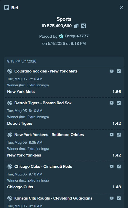 Bet slip: New York Yankees - Baltimore Orioles, $10,000.00 stake at 1.42 odds, placed by Enrique2777