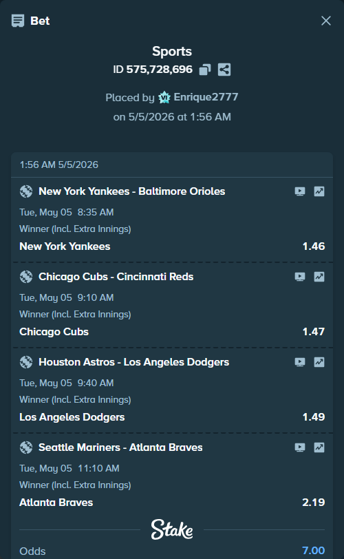 Bet slip: New York Yankees - Baltimore Orioles, $10,000.00 stake at 1.46 odds, placed by Enrique2777