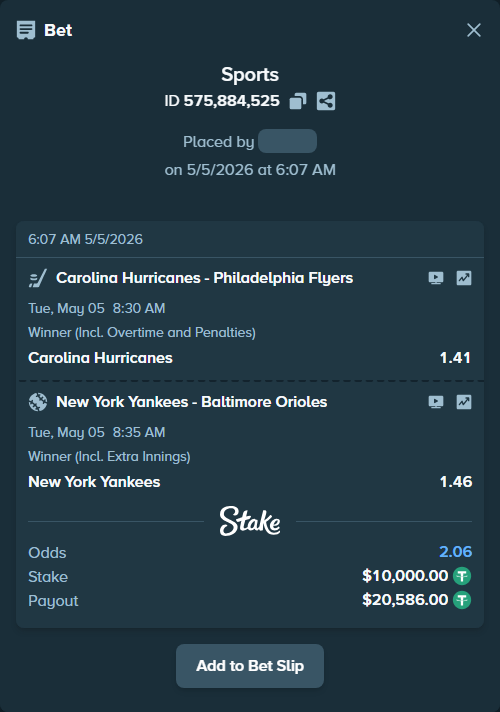 Bet slip: New York Yankees - Baltimore Orioles, $10,000.00 stake at 1.46 odds, placed by Wizzard11