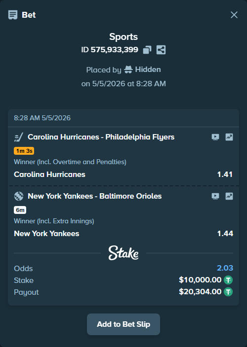 Bet slip: New York Yankees - Baltimore Orioles, $10,000.00 stake at 1.44 odds, placed by Hidden