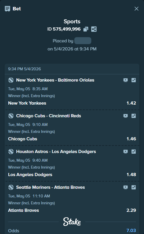 Bet slip: New York Yankees - Baltimore Orioles, $10,874.40 stake at 1.42 odds, placed by Enrique2777