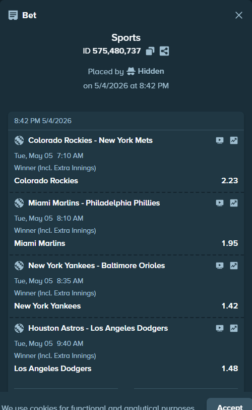 Bet slip: New York Yankees - Baltimore Orioles, $13,046.00 stake at 1.42 odds, placed by Hidden