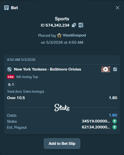 Bet slip: New York Yankees - Baltimore Orioles, $34,519.00 stake at 1.80 odds, placed by VlastGospod