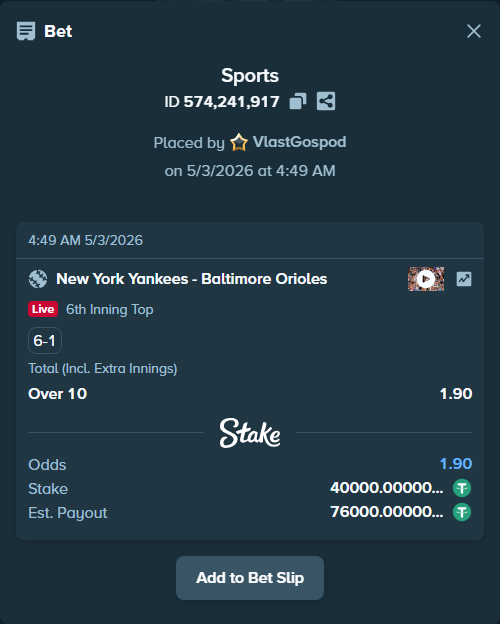 Bet slip: New York Yankees - Baltimore Orioles, $40,000.00 stake at 1.90 odds, placed by VlastGospod