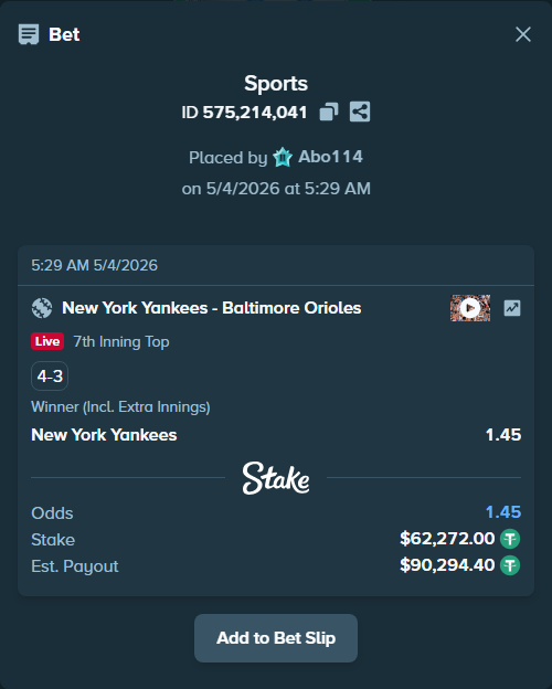 Bet slip: New York Yankees - Baltimore Orioles, $62,272.00 stake at 1.45 odds, placed by Abo114