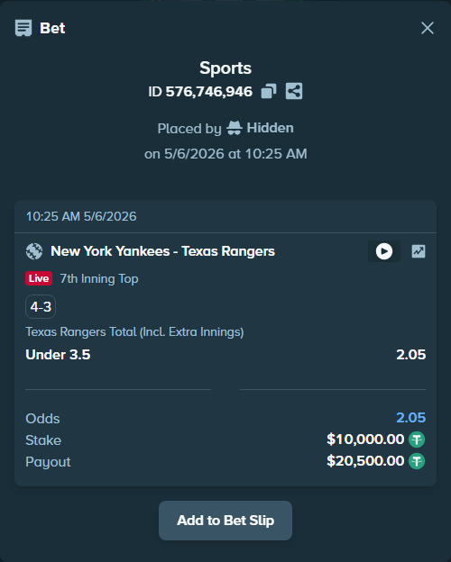 Bet slip: New York Yankees - Texas Rangers, $10,000.00 stake at 2.05 odds, placed by Hidden