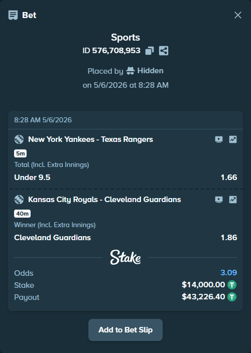 Bet slip: New York Yankees - Texas Rangers, $14,000.00 stake at 1.66 odds, placed by Hidden