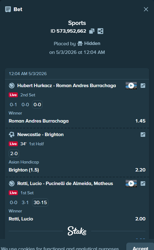 Bet slip: Newcastle - Brighton, $10,000.00 stake at 2.20 odds, placed by Hidden