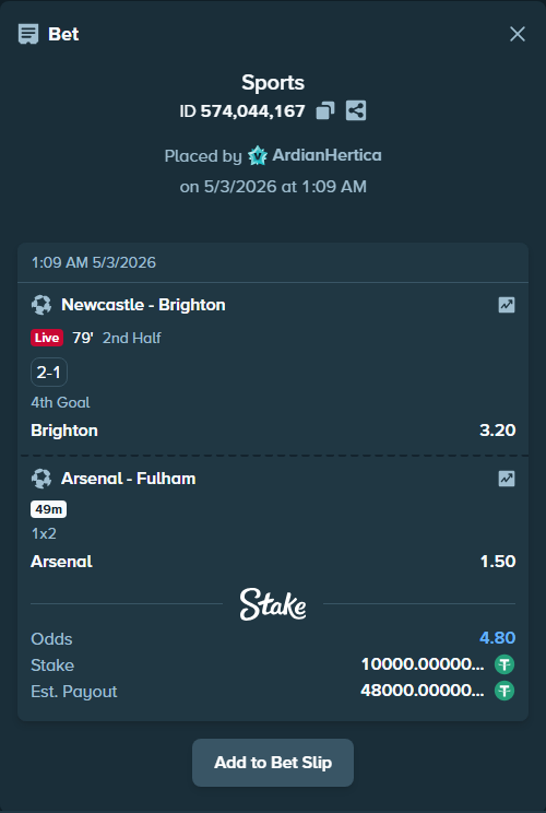 Bet slip: Newcastle - Brighton, $10,000.00 stake at 3.20 odds, placed by ArdianHertica