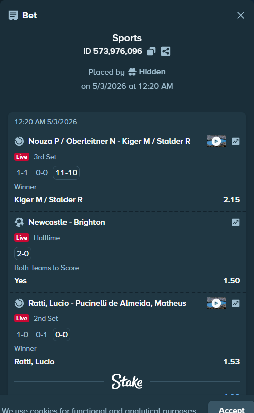 Bet slip: Newcastle - Brighton, $10,883.00 stake at 1.50 odds, placed by Hidden