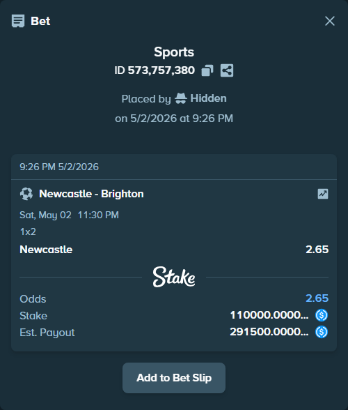 Bet slip: Newcastle - Brighton, $110,000.00 stake at 2.65 odds, placed by Hidden