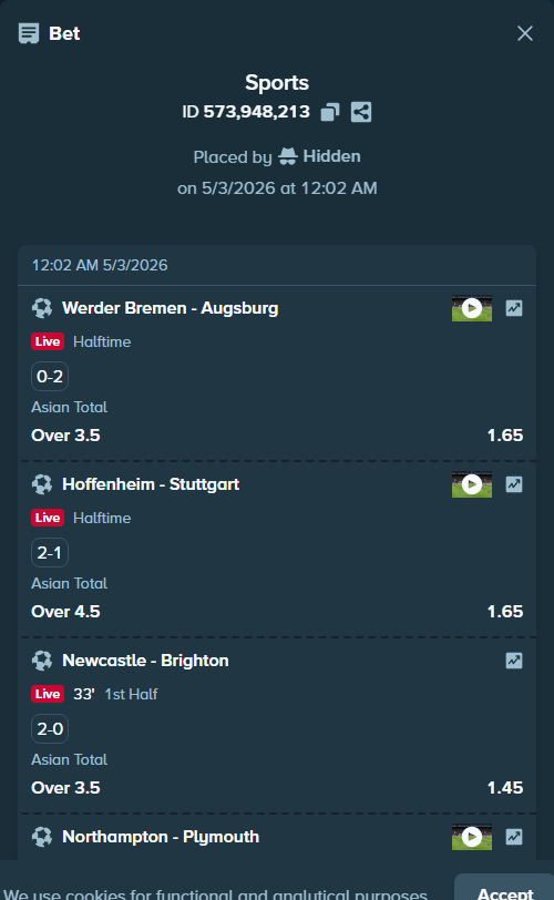 Bet slip: Newcastle - Brighton, $12,000.00 stake at 1.45 odds, placed by Hidden