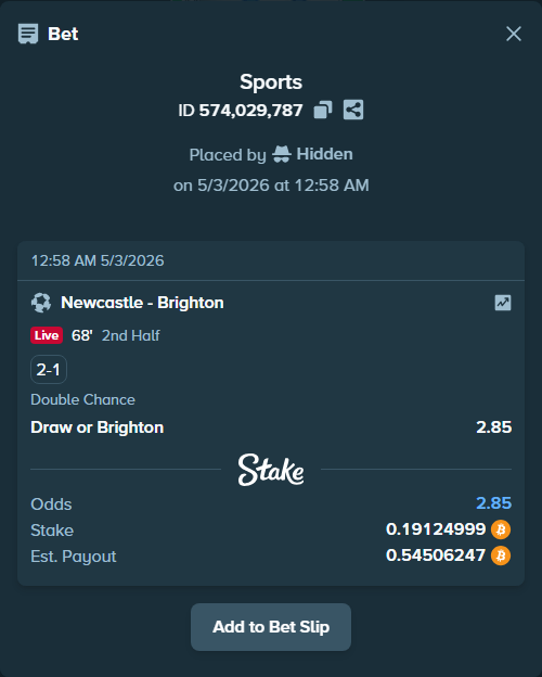 Bet slip: Newcastle - Brighton, $13,387.50 stake at 2.85 odds, placed by Hidden