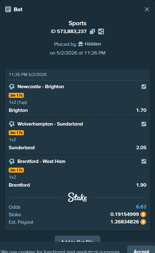 Bet slip: Newcastle - Brighton, $13,408.50 stake at 1.70 odds, placed by Hidden