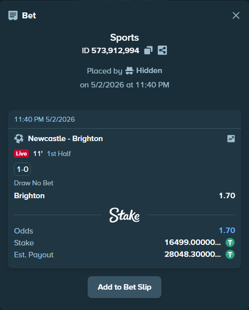 Bet slip: Newcastle - Brighton, $16,499.00 stake at 1.70 odds, placed by Hidden