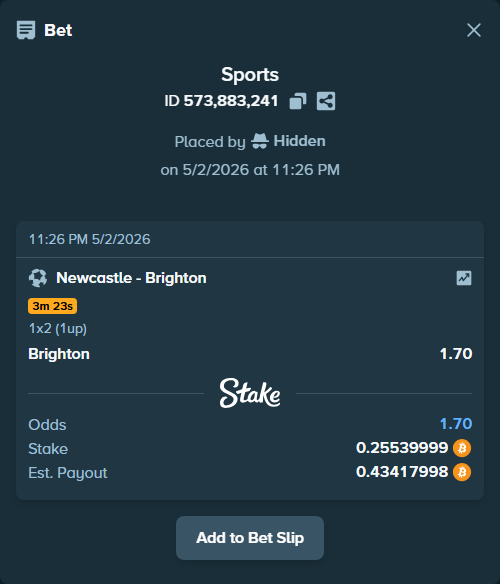 Bet slip: Newcastle - Brighton, $17,878.00 stake at 1.70 odds, placed by Hidden