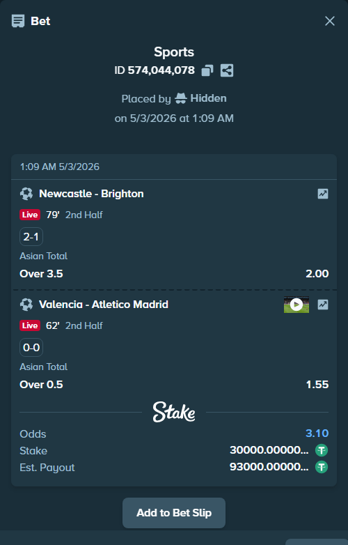 Bet slip: Newcastle - Brighton, $30,000.00 stake at 2.00 odds, placed by Hidden