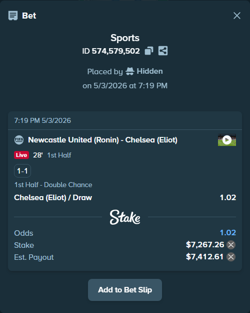 Bet slip: Newcastle United (Ronin) - Chelsea (Eliot), $13,077.44 stake at 1.02 odds, placed by Hidden
